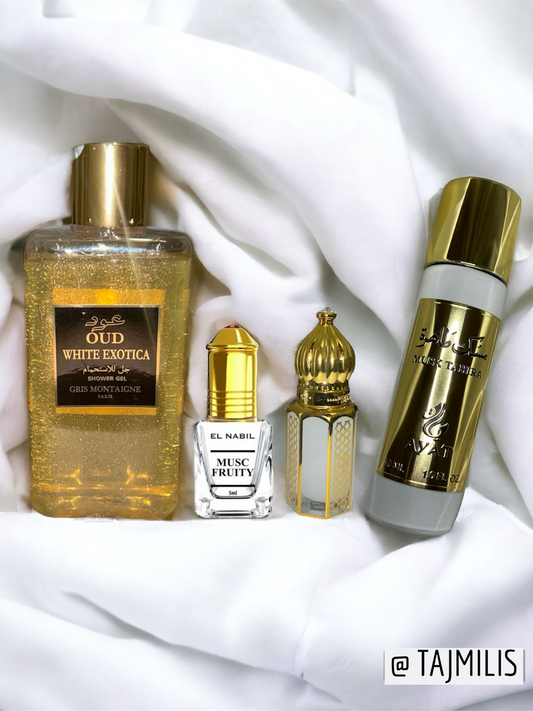 Découvrez notre Pack Gold composé d'un gel douche Gris Montaigne, du Musc Fruity El Nabil, du Musc Tahara blanc 6ml et du parfum Musk Tahira.